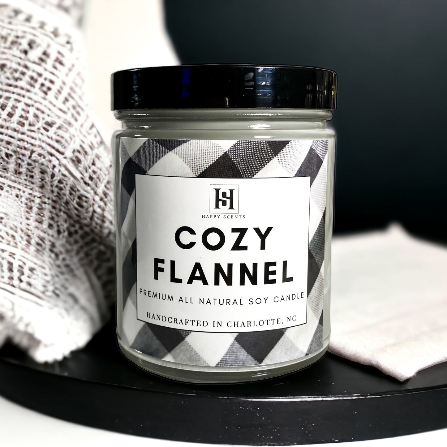 cozy flannel soy candle.