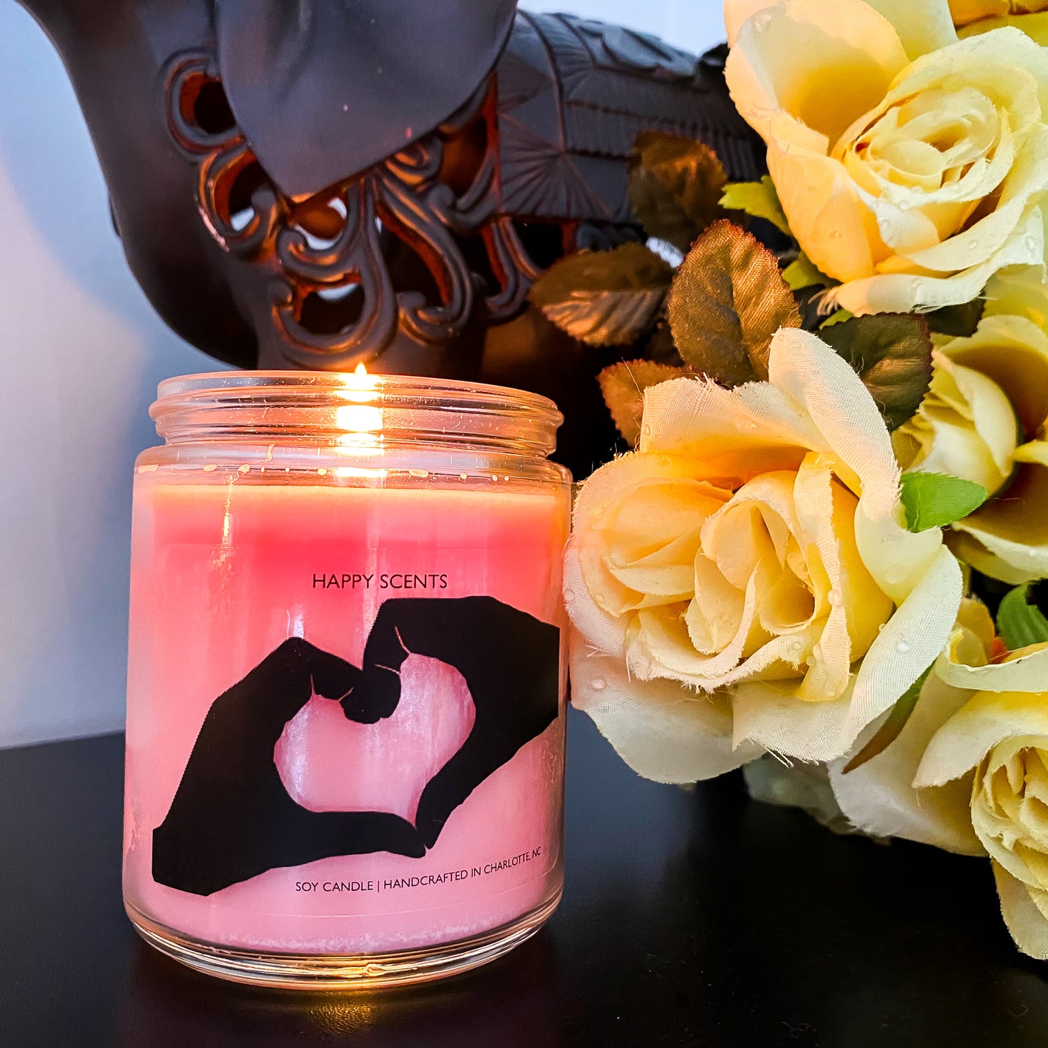 Happy Scents heart hand quote candle with Pixie Stix scent. Soy candles hand crafted in Charlotte, NC.