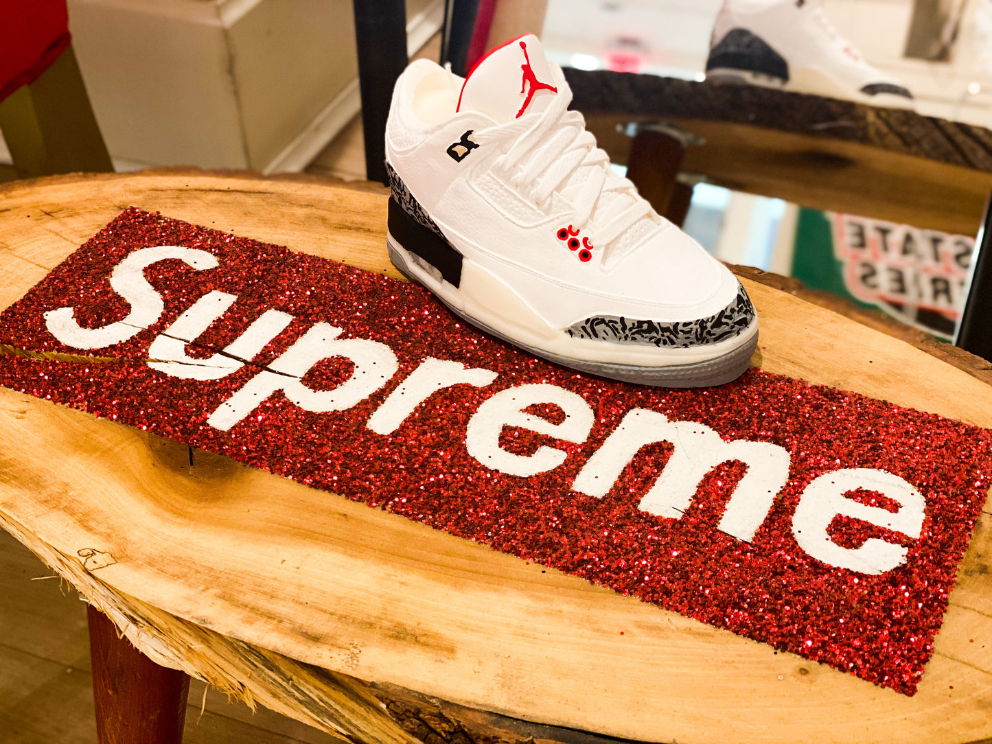 retro Air Jordan 3 White Cement Soy Candle hand-poured and painted. Cool decor for sneakerhead.
