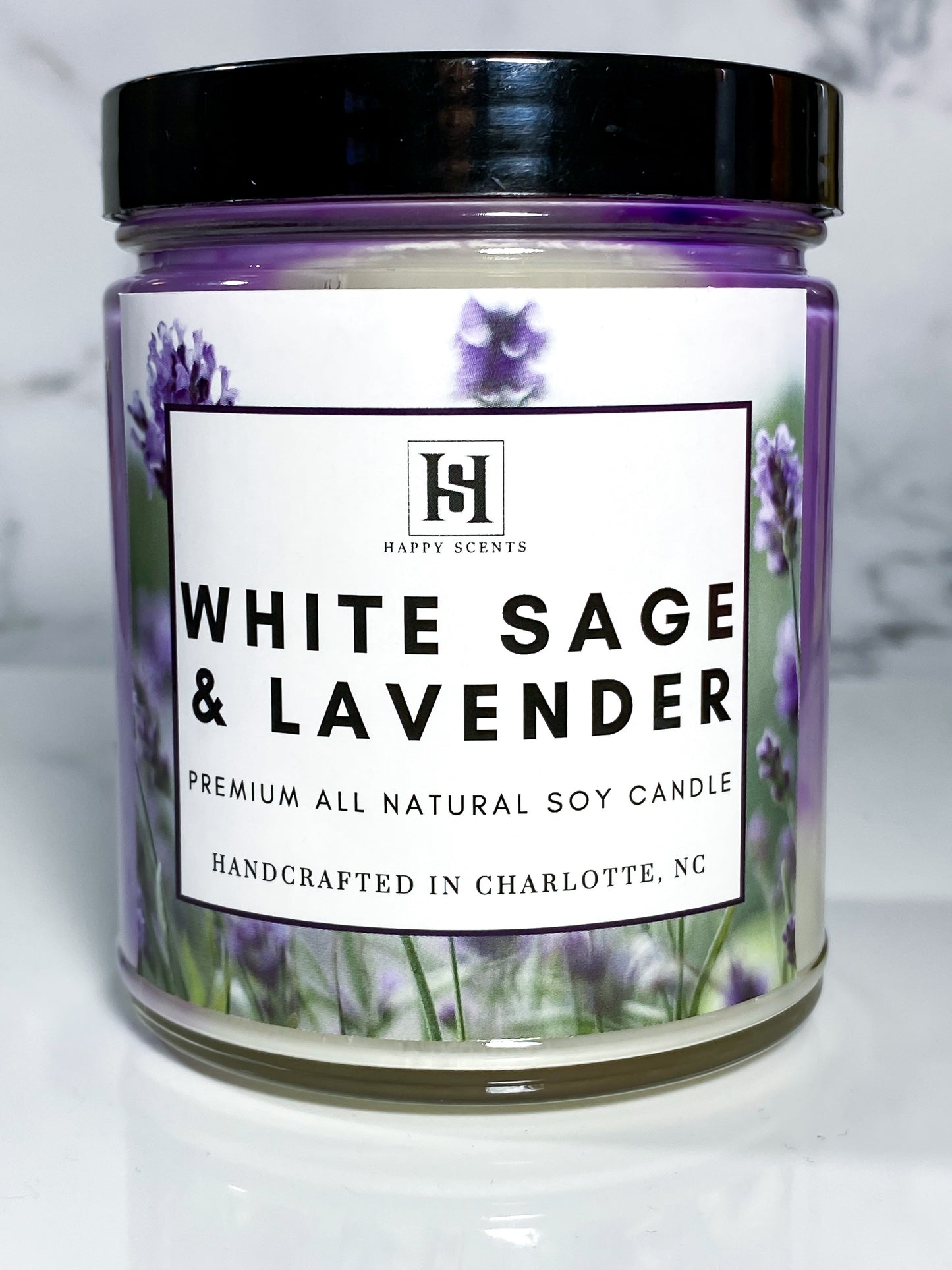 White Sage and lavender scented soy candle.
