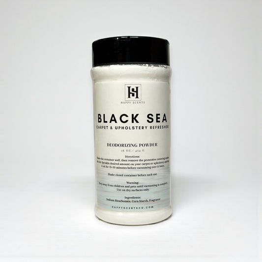 Container of 'Black Sea' deodorizing powder on a white background