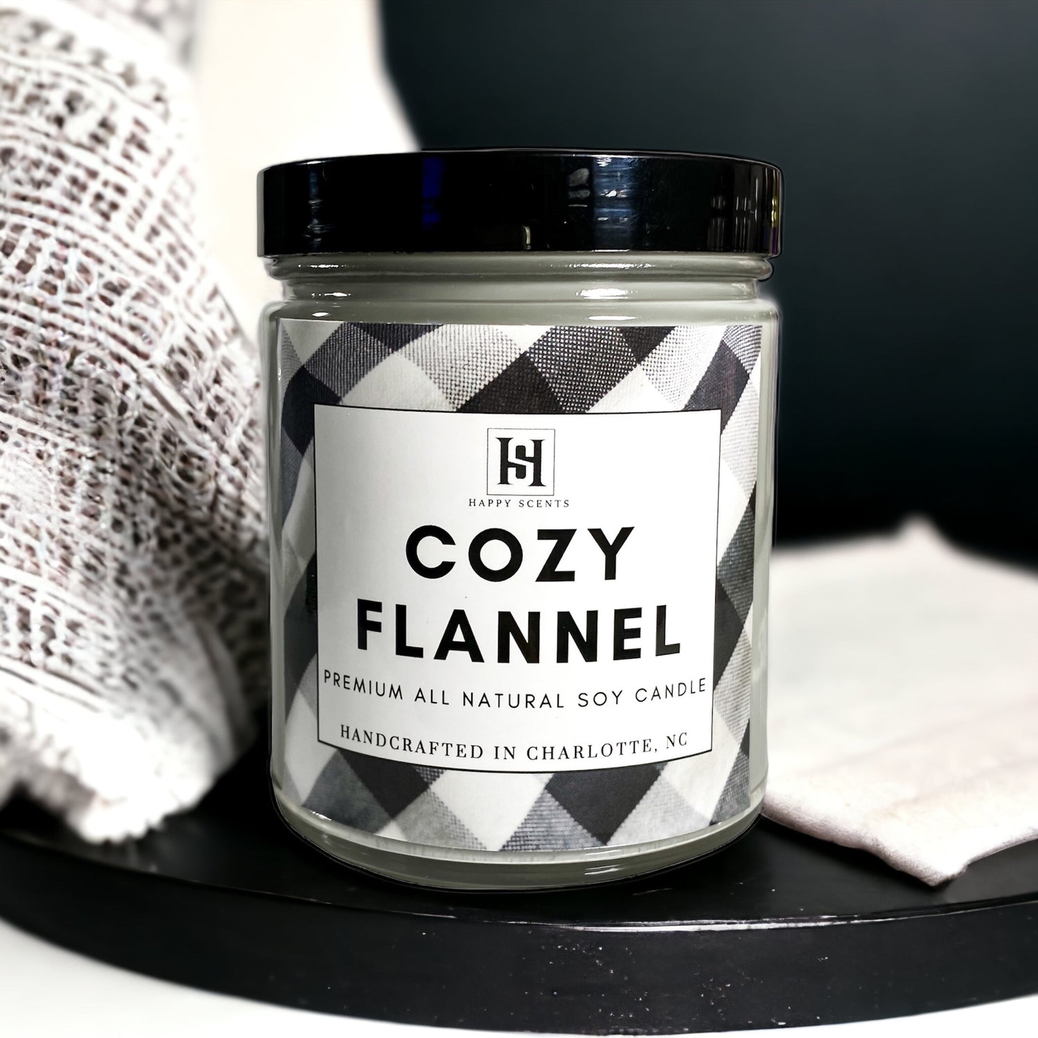 cozy flannel soy candle. 
