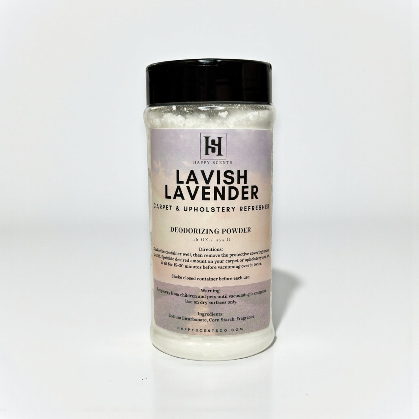 Lavish Lavender carpet and upholstery refresher deodorizing powder container on a white background