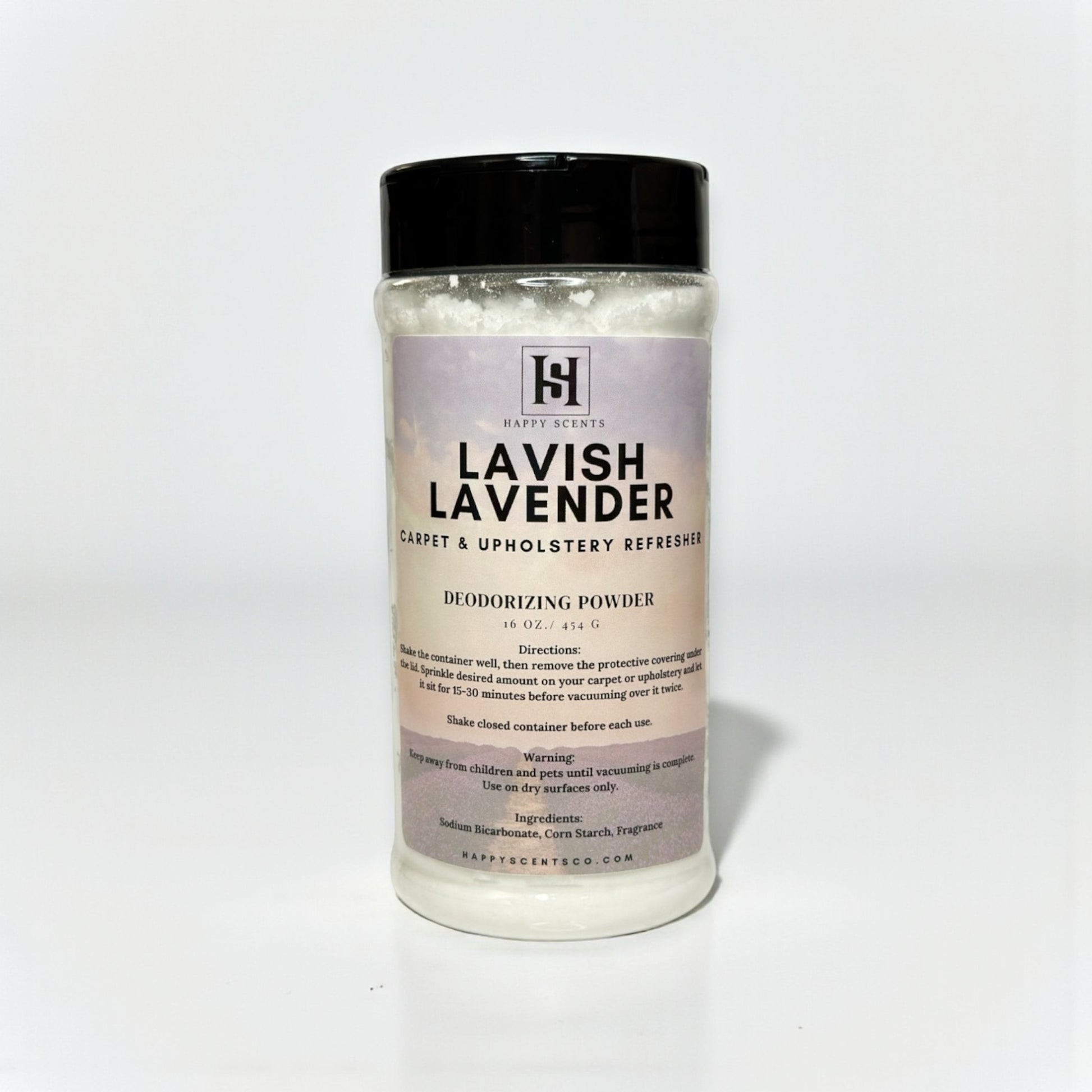 Lavish Lavender carpet and upholstery refresher deodorizing powder container on a white background