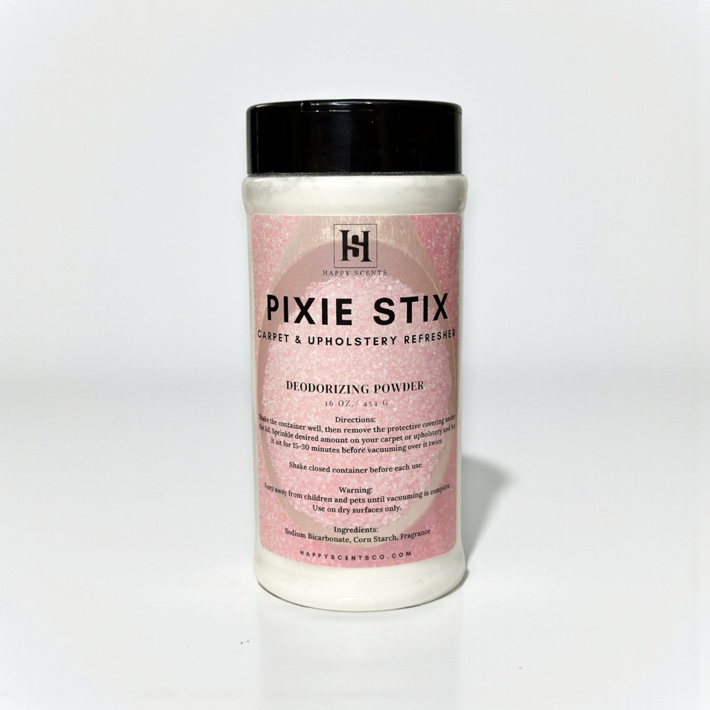 Container of Pixie Stix carpet and upholstery refresher on a white background