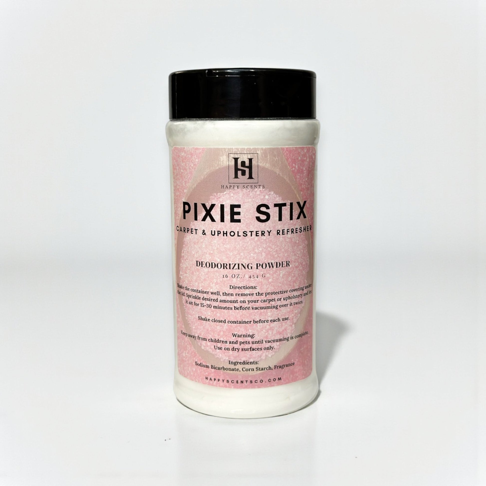 Container of Pixie Stix carpet and upholstery refresher on a white background