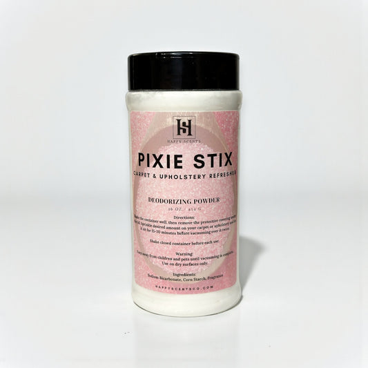 Container of Pixie Stix carpet and upholstery refresher on a white background