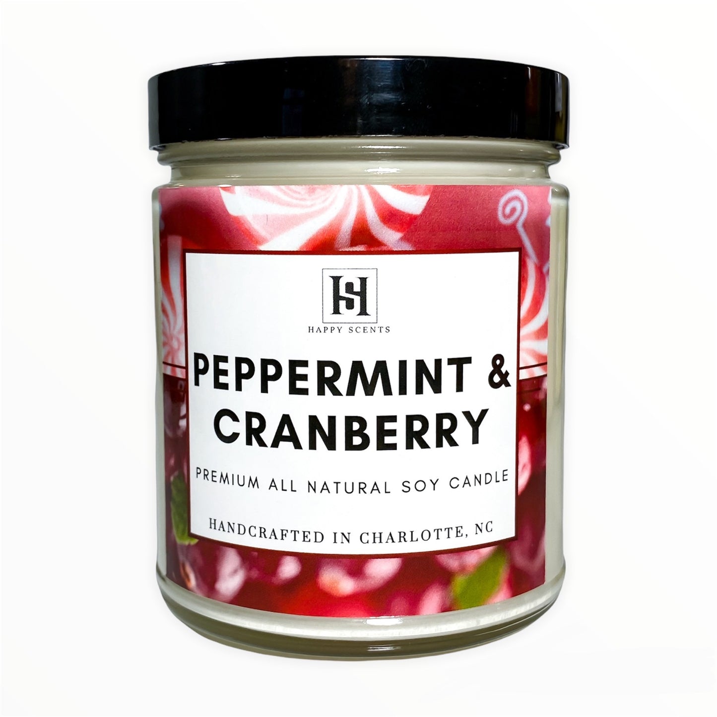 Peppermint & Cranberry Candle. Made of all natural soy wax. Clean Burning Candle