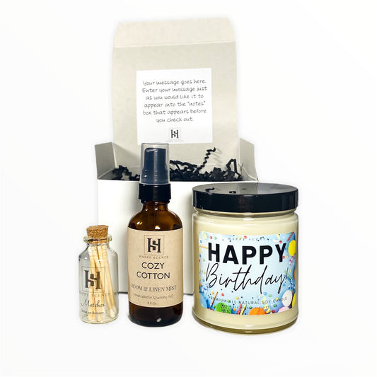 Happy Birthday gift set with soy candle, room and linen spray and matches in a match bottle.