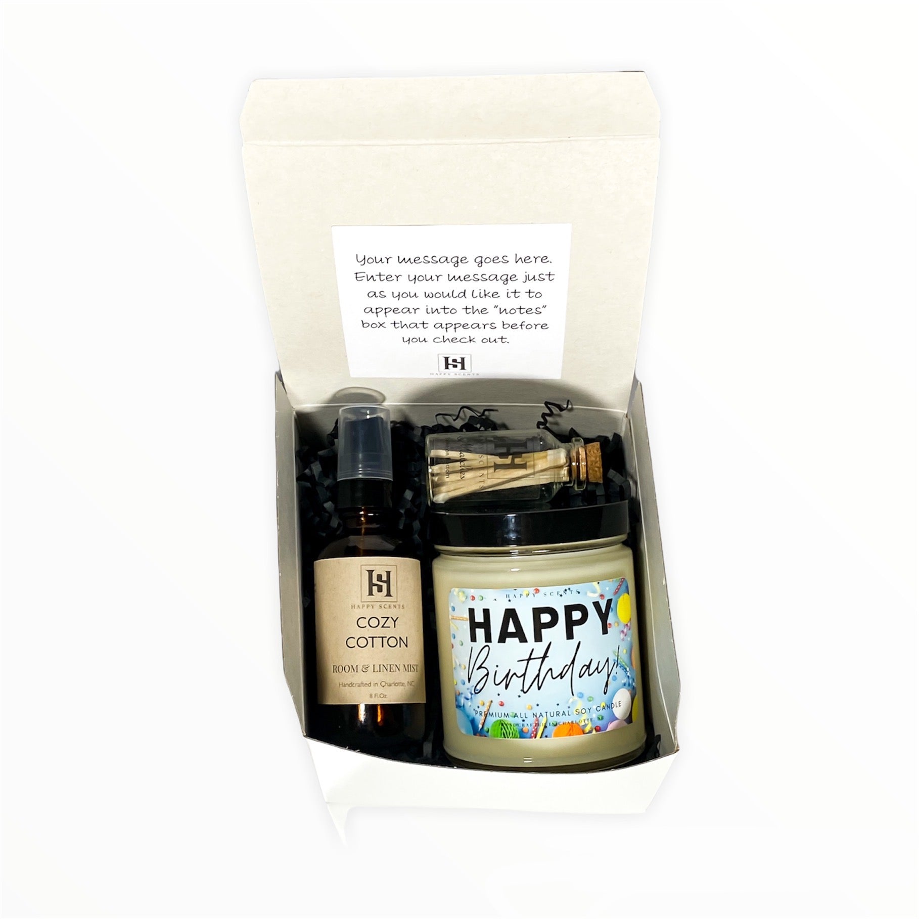 Birthday Gift Set with candle, room and linen spray and  matches in a bottle.