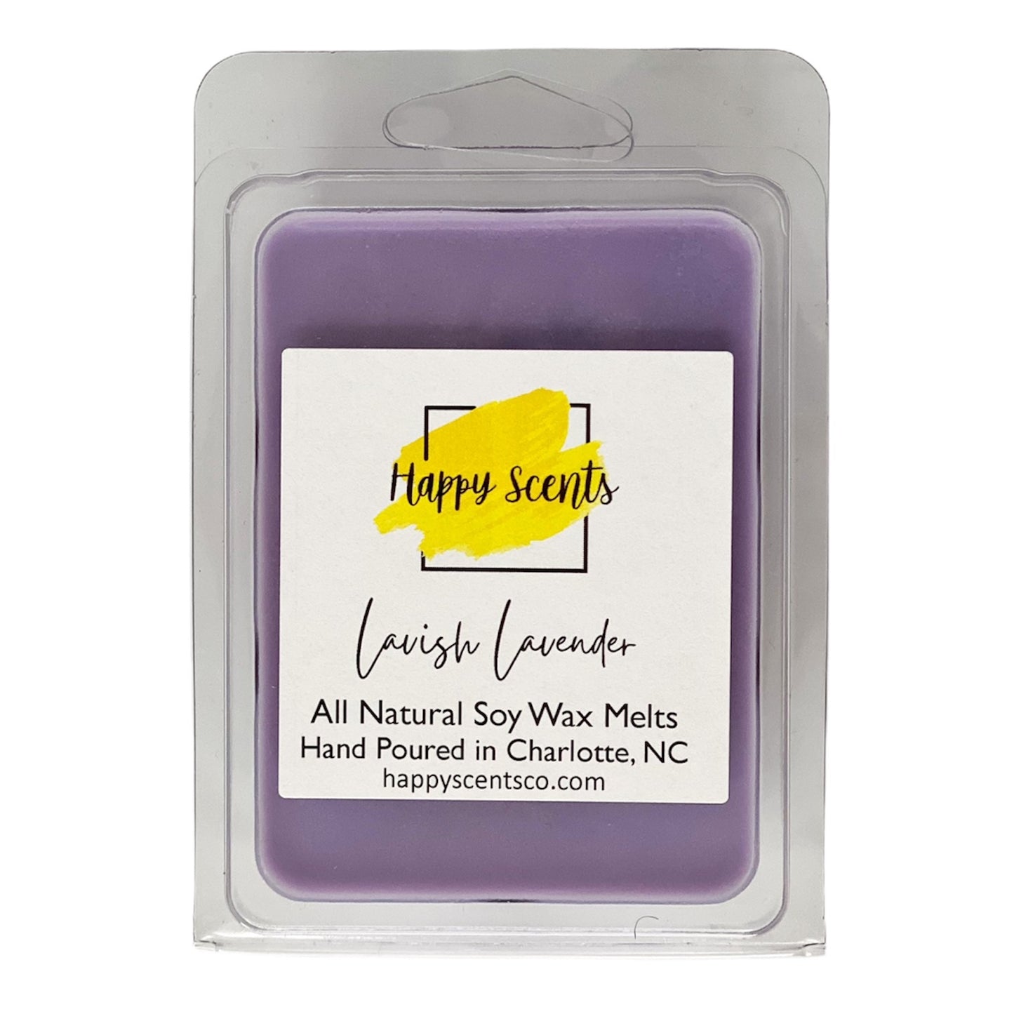 Lavender scented wax melts in a clamshell container. Wax melts break into 6 pieces