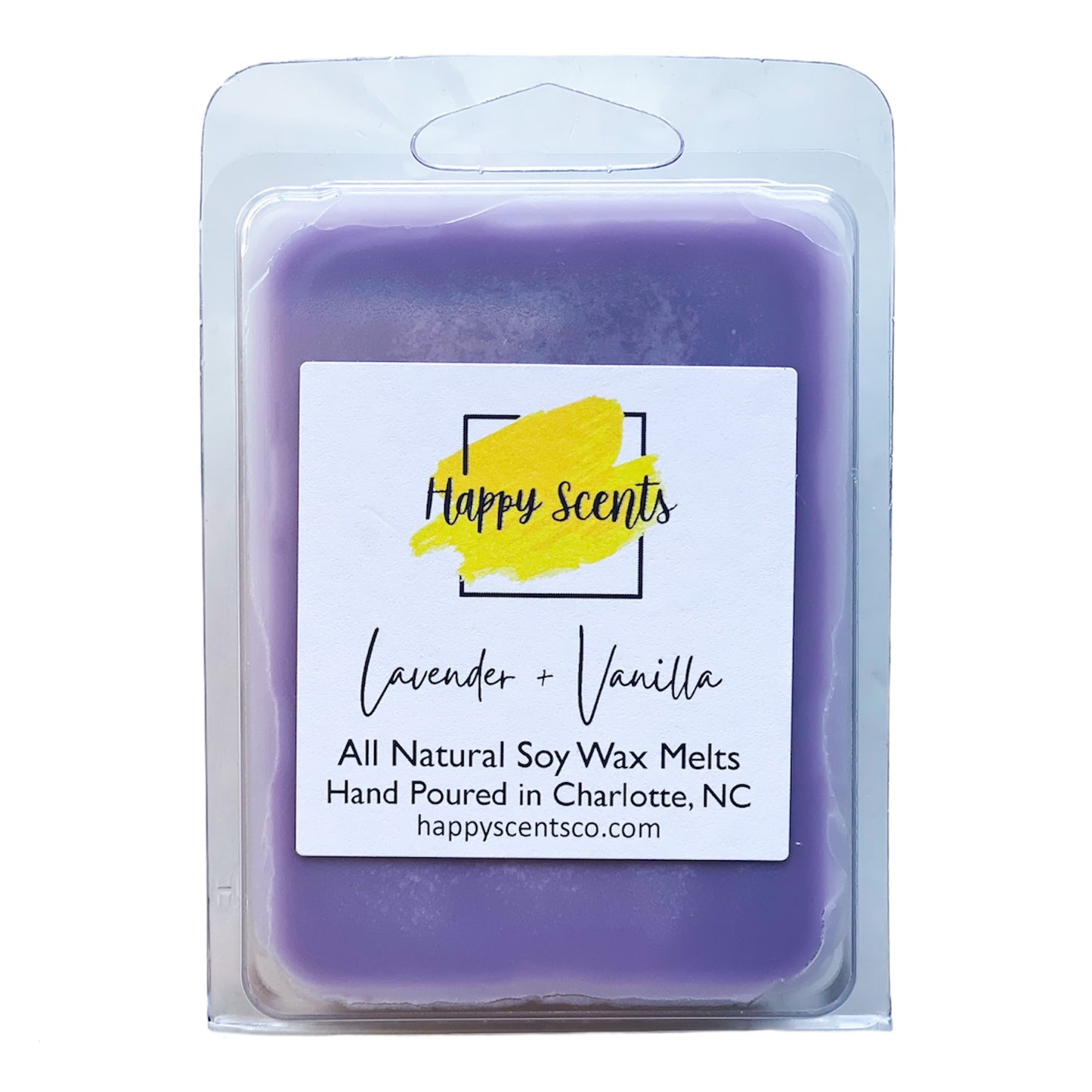 Lavender and Vanilla scented wax melts in clamshell container.
