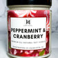 Peppermint & Cranberry Soy Candle. Holiday candles, gift idea for family, gift idea for friends.