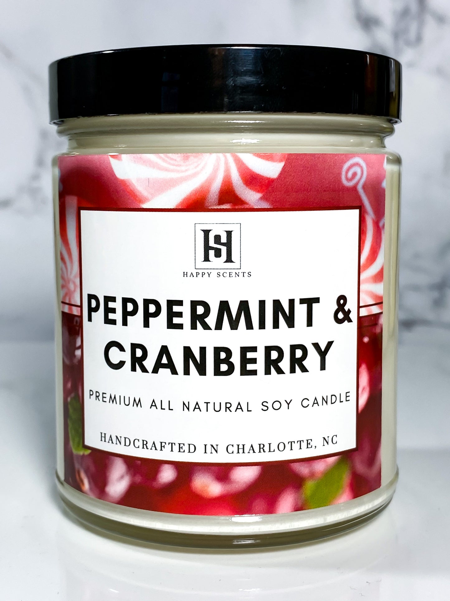 Peppermint & Cranberry Soy Candle. Holiday candles, gift idea for family, gift idea for friends.