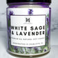 White Sage and lavender scented soy candle. 
