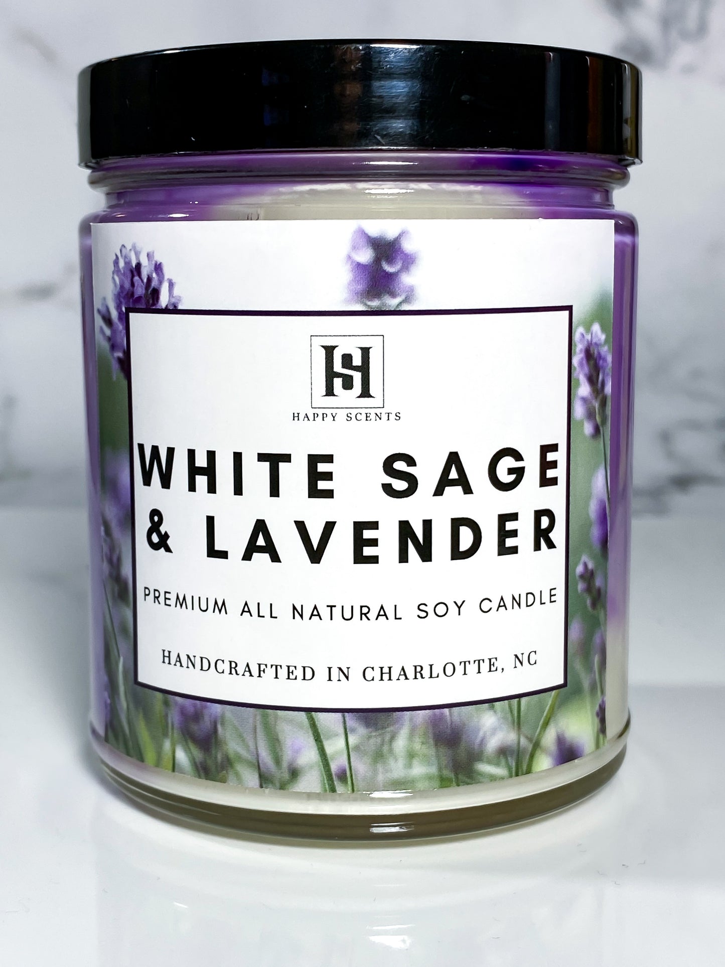 White Sage and lavender scented soy candle. 
